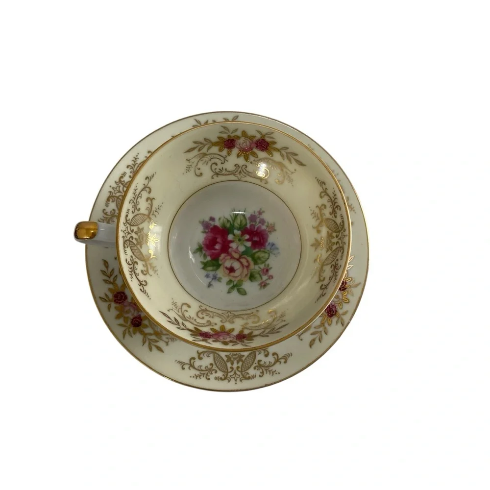 Vintage Footed Tea Cup Saucer Del Mar Hand Painted Floral Design‎ 24K Gold Trim